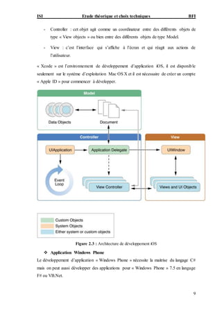 ISI Etude théorique et choix techniques BFI
9
- Controller : cet objet agit comme un coordinateur entre des différents objets de
type « View objects » ou bien entre des différents objets de type Model.
- View : c’est l’interface qui s’affiche à l’écran et qui réagit aux actions de
l’utilisateur.
« Xcode » est l’environnement de développement d’application iOS, il est disponible
seulement sur le système d’exploitation Mac OS X et il est nécessaire de créer un compte
« Apple ID » pour commencer à développer.
Figure 2.3 : Architecture de développement iOS
 Application Windows Phone
Le développement d’application « Windows Phone » nécessite la maitrise du langage C#
mais on peut aussi développer des applications pour « Windows Phone » 7.5 en langage
F# ou VB.Net.
 