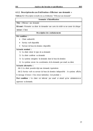 ISI Analyse des besoins et spécification BFI
25
4.1.2. Descriptiondu cas d’utilisation« Effectuer une demande »
Tableau 3.2 : Description textuelle du cas d'utilisation "Effectuer une demande"
Sommaire d’identification
Titre : Effectuer une demande
Résumé : Permettre au client de demander une carte de crédit ou un carnet de chèque
Acteur : Client
Description des enchainements
Pré condition :
 Client authentifié
 Service web disponible
 Serveur de base de données disponible
Scénario nominal :
1) Le client choisi le type de sa demande
2) Le client confirme sa demande
3) Le système enregistre la demande dans la base de données
4) Le système envoie les coordonnées de la demande par email au client.
Scénario alternative :
Alt-1) Le client possède déjà une demande équivalente
Alt-2) Service web ou serveur de base de données indisponible : le système affiche
le message d’erreur « Une erreur inattendue s'est produite »
Post condition : Le client est informé par email et attend qu’un administrateur
approuve sa demande.
 