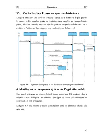 ISI Conception BFI
42
3.7. Cas d’utilisation « Trouver une agence/undistributeur »
Lorsqu’un utilisateur veut savoir où se trouve l’agence ou le distributeur le plus proche,
le système va faire appel au service de localisation pour récupérer les coordonnées des
places, puis il va construire une carte avec les positions récupérées et la focaliser sur la
position de l’utilisateur. Ces séquences sont représentées sur la figure 4.9.
Figure 4.9 : Diagramme de séquence du cas d'utilisation "Trouver agence/distributeur"
4. Modélisation des composants systèmes de l’application mobile
Étant donné la structure du système Android comme nous avons déjà mentionné dans le
chapitre 2, nous distinguons des différents prototypes de classes qui construisent les
composants de cette architecture.
La figure 4.10 nous montre la liaison d’attachement entre ces différentes classes dans
notre cas.
 