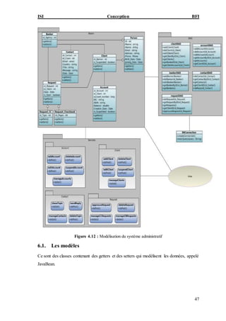 ISI Conception BFI
47
Figure 4.12 : Modélisation du système administratif
6.1. Les modèles
Ce sont des classes contenant des getters et des setters qui modélisent les données, appelé
JavaBean.
 