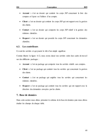 ISI Conception BFI
49
 Account : c’est un dossier qui contient les corps JSP concernant la liste des
comptes et l’ajout ou l’édition d’un compte.
 Client : c’est un dossier qui contient les corps JSP qui ont rapport avec la gestion
des clients.
 Contact : c’est un dossier qui comporte les corps JSP relatif à la gestion des
relations clientèles.
 Request : c’est un dossier qui possède les corps JSP concernant les demandes
clientèles.
6.3. Les contrôleurs
Ce sont les servlets et qui jouent le rôle d’un simple aiguilleur.
Comme illustre la figure 4.12, nous avons classé nos servlets selon leur cadre de travail
sur des différents packages :
 Account : c’est un package qui comporte tous les servlets relatifs aux comptes.
 Client : c’est un package qui contient tous les servlets qui concernent la gestion
des clients.
 Contact : c’est un package qui englobe tous les servlets qui concernent les
relations clientèles.
 Request : c’est un package qui contient tous les servlets qui ont rapport avec la
direction des demandes envoyées par les clients.
7. Base de données
Dans cette section nous allons présenter le schéma de la base de données puis nous allons
étudier les champs de chaque table.
 