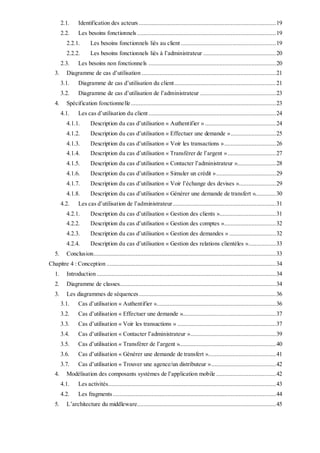 2.1. Identification des acteurs .....................................................................................19
2.2. Les besoins fonctionnels ......................................................................................19
2.2.1. Les besoins fonctionnels liés au client ...........................................................19
2.2.2. Les besoins fonctionnels liés à l’administrateur .............................................20
2.3. Les besoins non fonctionnels ...............................................................................20
3. Diagramme de cas d’utilisation ...................................................................................21
3.1. Diagramme de cas d’utilisation du client...............................................................21
3.2. Diagramme de cas d’utilisation de l’administrateur ...............................................23
4. Spécification fonctionnelle..........................................................................................23
4.1. Les cas d’utilisation du client...............................................................................24
4.1.1. Description du cas d’utilisation « Authentifier » ............................................24
4.1.2. Description du cas d’utilisation « Effectuer une demande »............................25
4.1.3. Description du cas d’utilisation « Voir les transactions »................................26
4.1.4. Description du cas d’utilisation « Transférer de l’argent »..............................27
4.1.5. Description du cas d’utilisation « Contacter l’administrateur »........................28
4.1.6. Description du cas d’utilisation « Simuler un crédit ».....................................29
4.1.7. Description du cas d’utilisation « Voir l’échange des devises ».......................29
4.1.8. Description du cas d’utilisation « Générer une demande de transfert ».............30
4.2. Les cas d’utilisation de l’administrateur................................................................31
4.2.1. Description du cas d’utilisation « Gestion des clients »...................................31
4.2.2. Description du cas d’utilisation « Gestion des comptes »................................32
4.2.3. Description du cas d’utilisation « Gestion des demandes » .............................32
4.2.4. Description du cas d’utilisation « Gestion des relations clientèles ».................33
5. Conclusion.................................................................................................................33
Chapitre 4 : Conception .........................................................................................................34
1. Introduction ...............................................................................................................34
2. Diagramme de classes.................................................................................................34
3. Les diagrammes de séquences.....................................................................................36
3.1. Cas d’utilisation « Authentifier »..........................................................................36
3.2. Cas d’utilisation « Effectuer une demande »..........................................................37
3.3. Cas d’utilisation « Voir les transactions » .............................................................37
3.4. Cas d’utilisation « Contacter l’administrateur ».....................................................39
3.5. Cas d’utilisation « Transférer de l’argent »............................................................40
3.6. Cas d’utilisation « Générer une demande de transfert »..........................................41
3.7. Cas d’utilisation « Trouver une agence/un distributeur »........................................42
4. Modélisation des composants systèmes de l’application mobile .....................................42
4.1. Les activités........................................................................................................43
4.2. Les fragments .....................................................................................................44
5. L’architecture du middleware......................................................................................45
 