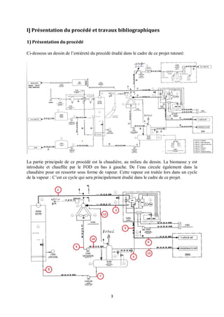 3
I] Présentation du procédé et travaux bibliographiques
1) Présentation du procédé
Ci-dessous un dessin de l’entièreté du procédé étudié dans le cadre de ce projet tuteuré:
La partie principale de ce procédé est la chaudière, au milieu du dessin. La biomasse y est
introduite et chauffée par le FOD en bas à gauche. De l’eau circule également dans la
chaudière pour en ressortir sous forme de vapeur. Cette vapeur est traitée lors dans un cycle
de la vapeur : C’est ce cycle qui sera principalement étudié dans le cadre de ce projet.
 