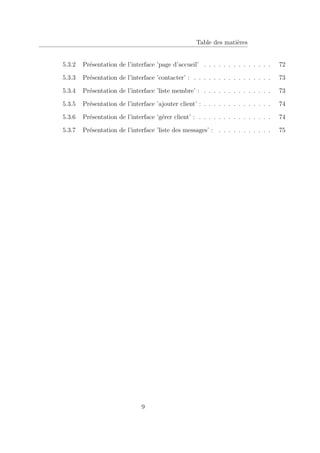 Table des matières
5.3.2 Présentation de l’interface ’page d’accueil’ . . . . . . . . . . . . . . 72
5.3.3 Présentation de l’interface ’contacter’ : . . . . . . . . . . . . . . . . 73
5.3.4 Présentation de l’interface ’liste membre’ : . . . . . . . . . . . . . . 73
5.3.5 Présentation de l’interface ’ajouter client’ : . . . . . . . . . . . . . . 74
5.3.6 Présentation de l’interface ’gérer client’ : . . . . . . . . . . . . . . . 74
5.3.7 Présentation de l’interface ’liste des messages’ : . . . . . . . . . . . 75
9
 
