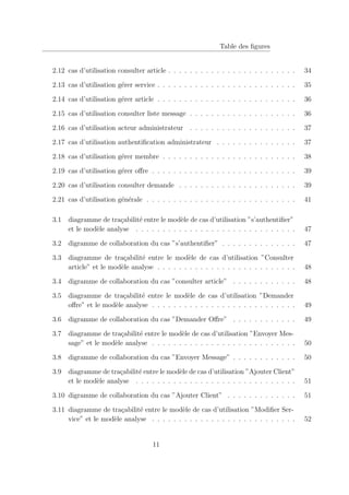Table des figures
2.12 cas d’utilisation consulter article . . . . . . . . . . . . . . . . . . . . . . . . 34
2.13 cas d’utilisation gérer service . . . . . . . . . . . . . . . . . . . . . . . . . . 35
2.14 cas d’utilisation gérer article . . . . . . . . . . . . . . . . . . . . . . . . . . 36
2.15 cas d’utilisation consulter liste message . . . . . . . . . . . . . . . . . . . . 36
2.16 cas d’utilisation acteur administrateur . . . . . . . . . . . . . . . . . . . . 37
2.17 cas d’utilisation authentification administrateur . . . . . . . . . . . . . . . 37
2.18 cas d’utilisation gérer membre . . . . . . . . . . . . . . . . . . . . . . . . . 38
2.19 cas d’utilisation gérer offre . . . . . . . . . . . . . . . . . . . . . . . . . . . 39
2.20 cas d’utilisation consulter demande . . . . . . . . . . . . . . . . . . . . . . 39
2.21 cas d’utilisation générale . . . . . . . . . . . . . . . . . . . . . . . . . . . . 41
3.1 diagramme de traçabilité entre le modèle de cas d’utilisation ”s’authentifier”
et le modèle analyse . . . . . . . . . . . . . . . . . . . . . . . . . . . . . . 47
3.2 digramme de collaboration du cas ”s’authentifier” . . . . . . . . . . . . . . 47
3.3 diagramme de traçabilité entre le modèle de cas d’utilisation ”Consulter
article” et le modèle analyse . . . . . . . . . . . . . . . . . . . . . . . . . . 48
3.4 digramme de collaboration du cas ”consulter article” . . . . . . . . . . . . 48
3.5 diagramme de traçabilité entre le modèle de cas d’utilisation ”Demander
offre” et le modèle analyse . . . . . . . . . . . . . . . . . . . . . . . . . . . 49
3.6 digramme de collaboration du cas ”Demander Offre” . . . . . . . . . . . . 49
3.7 diagramme de traçabilité entre le modèle de cas d’utilisation ”Envoyer Mes-
sage” et le modèle analyse . . . . . . . . . . . . . . . . . . . . . . . . . . . 50
3.8 digramme de collaboration du cas ”Envoyer Message” . . . . . . . . . . . . 50
3.9 diagramme de traçabilité entre le modèle de cas d’utilisation ”Ajouter Client”
et le modèle analyse . . . . . . . . . . . . . . . . . . . . . . . . . . . . . . 51
3.10 digramme de collaboration du cas ”Ajouter Client” . . . . . . . . . . . . . 51
3.11 diagramme de traçabilité entre le modèle de cas d’utilisation ”Modifier Ser-
vice” et le modèle analyse . . . . . . . . . . . . . . . . . . . . . . . . . . . 52
11
 