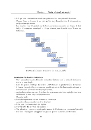 Chapiter 1 : Cadre générale du projet
• L’étape peut commencer si son étape précédente est complètement terminée.
• Chaque étape se termine à une date précise avec la production de documents ou
programmes spécifiques.
• Les résultats sont déterminés sur la base des interactions entre les étapes, ils font
l’objet d’un examen approfondi et l’étape suivante n’est franchie que s’ils sont sa-
tisfaisants.
Figure 1.3: Modèle de cycle de vie en CASCADE
Avantages du modèle en cascade :
• C’est un modèle linéaire. Bien sûr, les modèles linéaires sont la méthode de mise en
œuvre la plus simple.
• L’un des grands avantages du modèle CASCADE est la production de documents
à chaque étape du développement du modèle, ce qui facilite la compréhension de la
conception du produit dans chaque procédure.
• Après chaque étape majeure de codage du programme, des tests sont effectués pour
vérifier que le code fonctionne correctement.
• Contrôle facile.
• Faciliter la planification des barrières et des routes.
• Accent sur la documentation et la structure.
• Idéal pour des projets logiciels stables.
Inconvénients du modèle en cascade :
• Mal adapté aux systèmes complexes (processus de développement rarement séquentiel).
• Les tests s’appliquent à l’application globale (pas de validation des besoins).
20
 