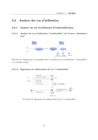 Chapiter 3 : Analyse
3.3 Analyse des cas d’utilisation
3.3.1 Analyse du cas d’utilisation S’authentification
3.3.1.1 Analyse du cas d’utilisation ”s’authentifier” de l’acteur ’administra-
teur’
Figure 3.1: diagramme de traçabilité entre le modèle de cas d’utilisation ”s’authentifier”
et le modèle analyse
3.3.1.2 Digramme de collaboration du cas ”s’authentifier”
Figure 3.2: digramme de collaboration du cas ”s’authentifier”
47
 