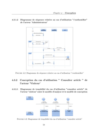 Chapiter 4 : Conception
4.3.1.2 Diagramme de séquence relative au cas d’utilisation ”s’authentifier”
de l’acteur ’Administrateur’
Figure 4.2: Diagramme de séquence relative au cas d’utilisation ”s’authentifier”
4.3.2 Conception du cas d’utilisation ” Consulter article ” de
l’acteur ’Visiteur’
4.3.2.1 Diagramme de traçabilité du cas d’utilisation ”consulter article” de
l’acteur ’visiteur’ entre le modèle d’analyse et le modèle de conception
Figure 4.3: Diagramme de traçabilité du cas d’utilisation ”consulter article”
58
 