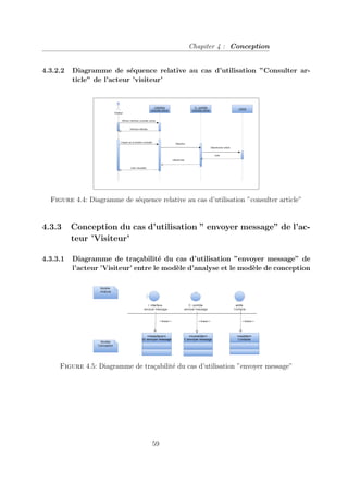 Chapiter 4 : Conception
4.3.2.2 Diagramme de séquence relative au cas d’utilisation ”Consulter ar-
ticle” de l’acteur ’visiteur’
Figure 4.4: Diagramme de séquence relative au cas d’utilisation ”consulter article”
4.3.3 Conception du cas d’utilisation ” envoyer message” de l’ac-
teur ’Visiteur’
4.3.3.1 Diagramme de traçabilité du cas d’utilisation ”envoyer message” de
l’acteur ’Visiteur’ entre le modèle d’analyse et le modèle de conception
Figure 4.5: Diagramme de traçabilité du cas d’utilisation ”envoyer message”
59
 