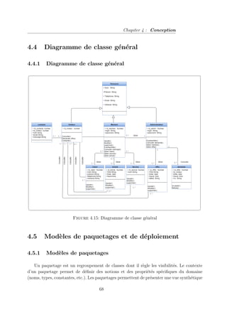 Chapiter 4 : Conception
4.4 Diagramme de classe général
4.4.1 Diagramme de classe général
Figure 4.15: Diagramme de classe général
4.5 Modèles de paquetages et de déploiement
4.5.1 Modèles de paquetages
Un paquetage est un regroupement de classes dont il règle les visibilités. Le contexte
d’un paquetage permet de définir des notions et des propriétés spécifiques du domaine
(noms, types, constantes, etc.). Les paquetages permettent de présenter une vue synthétique
68
 