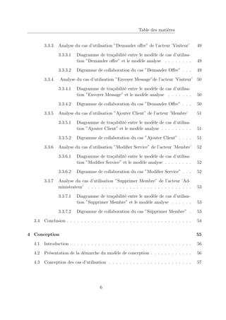 Table des matières
3.3.3 Analyse du cas d’utilisation ”Demander offre” de l’acteur ’Visiteur’ 49
3.3.3.1 Diagramme de traçabilité entre le modèle de cas d’utilisa-
tion ”Demander offre” et le modèle analyse . . . . . . . . 49
3.3.3.2 Digramme de collaboration du cas ”Demander Offre” . . . 49
3.3.4 Analyse du cas d’utilisation ”Envoyer Message”de l’acteur ’Visiteur’ 50
3.3.4.1 Diagramme de traçabilité entre le modèle de cas d’utilisa-
tion ”Envoyer Message” et le modèle analyse . . . . . . . 50
3.3.4.2 Digramme de collaboration du cas ”Demander Offre” . . . 50
3.3.5 Analyse du cas d’utilisation ”Ajouter Client” de l’acteur ’Membre’ 51
3.3.5.1 Diagramme de traçabilité entre le modèle de cas d’utilisa-
tion ”Ajouter Client” et le modèle analyse . . . . . . . . . 51
3.3.5.2 Digramme de collaboration du cas ”Ajouter Client” . . . . 51
3.3.6 Analyse du cas d’utilisation ”Modifier Service” de l’acteur ’Membre’ 52
3.3.6.1 Diagramme de traçabilité entre le modèle de cas d’utilisa-
tion ”Modifier Service” et le modèle analyse . . . . . . . . 52
3.3.6.2 Digramme de collaboration du cas ”Modifier Service” . . . 52
3.3.7 Analyse du cas d’utilisation ”Supprimer Membre” de l’acteur ’Ad-
ministrateur’ . . . . . . . . . . . . . . . . . . . . . . . . . . . . . . 53
3.3.7.1 Diagramme de traçabilité entre le modèle de cas d’utilisa-
tion ”Supprimer Membre” et le modèle analyse . . . . . . 53
3.3.7.2 Digramme de collaboration du cas ”Supprimer Membre” . 53
3.4 Conclusion . . . . . . . . . . . . . . . . . . . . . . . . . . . . . . . . . . . . 54
4 Conception 55
4.1 Introduction . . . . . . . . . . . . . . . . . . . . . . . . . . . . . . . . . . . 56
4.2 Présentation de la démarche du modèle de conception . . . . . . . . . . . . 56
4.3 Conception des cas d’utilisation . . . . . . . . . . . . . . . . . . . . . . . . 57
6
 
