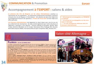 Accompagnement à l’EXPORT : salons & aides
ProWein 23 AU 25 MARS 2014
Le CIVRB, en partenariat avec l’Interprofession des Vins du Sud-Ouest (IVSO) et l’Agence Aquitaine de
promotion Agroalimentaire (AAPrA) a mis en place pour le Salon PROWEIN un pavillon « Les Vins Sud-
Ouest France » d’environ 200 m² au sein du pavillon France (1), dans le but de rassembler l’ensemble
de l’offre du Grand Sud-Ouest.
Un « Speed Tasting » (2) a été organisé sur le stand collectif avec le sommelier Kris Van de Sompel
(FR, NL, GB) ainsi qu’une jeune sommelière allemande. Ils ont animés des parcours de dégustation de
20 minutes adaptés à la demande des visiteurs pressés, en les accompagnant de stand en stand
d’entreprises du vignoble de Bergerac, le but étant de générer du trafic et des contacts
supplémentaires.
Durant La soirée « Meininger Award – Excellence in Wine and Spirit » (3) qui se déroule chaque
année la veille de l’ouverture du salon, le Sud-Ouest de la France a été l’invité d’honneur exclusif pour
cette édition 2014. A cette occasion, 7 vins de Bergerac ont été mis à l’honneur au sein d’une sélection
de vins du Sud-Ouest. La sélection de vins présentés lors de cet évènement a été effectuée par un
jury de professionnels dirigé par Axel Biesler, Ambassadeur des vins du Sud-Ouest en Allemagne et
sommelier connu et reconnu dans le monde du vin.
La présence des Vins de Bergerac sur les salons internationaux contribue au
rayonnement de nos appellations : ces évènements professionnels permettent l’existence
croissante des vins de Bergerac à l’international. Une sélection de salons fait l’objet d’un
accompagnement financier des opérateurs : Prowein et Vinisud 2014 ont fait l’objet d’un
effort particulier.
Les Concours Internationnaux sont également un atout majeur pour ceux de nos vins
qui y obtiennent des récompenses : des aides existent également pour inciter viticulteurs et
négociants à participer à une sélection : Concours Mondial de Bruxelles, Berliner Wein
Trophy, Sélections Mondiales du Vin Canada, International Wine Challenge IWC, Decanter
World Wine Awards DWWA, International Wine & Spirit Competition IWSC, Mundus Vini...
i
Le stand de l’Interprofession, c’est :
‡ la force d’un espace collectif
‡ Le financement de 50% des frais de participation
‡ une équipe dédiée en amont et pour toute la durée de l’événement.
‡ des dispositifs de multiplication des contacts
COMMUNICATION & Promotion EXPORT
Ö 40 entreprises accompagnées sur PROWEIN
et VINISUD
Ö 10 entreprises accompagnées sur des mini-
expos à l’étranger
Ö + de 125 récompenses obtenues dans les
Concours Internationaux
de
ud-
ble
pel
de
and
acts
que
our
tion
un
e et
1
2
3
Salon côté Allemagne …
ce
de
ju
so
34
 
