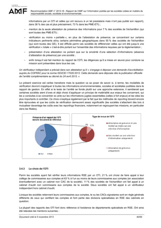 Recommandation AMF n° 2013-18 - Rapport de l’AMF sur l’information publiée par les sociétés cotées en matière de
responsabilité sociale, sociétale et environnementale

informations par un OTI et celles qui ont recouru à un tel prestataire mais n’ont pas publié son rapport),
dans 38 % des cas et plus précisément, 73 % dans les PME-ETI) ;
−

mention de la seule attestation de présence des informations pour 7 % des sociétés de l’échantillon (qui
sont toutes des PME-ETI) ;

−

vérification au moins « partielle », en plus de l’attestation de présence, se concentrant sur certains
indicateurs pertinents et/ou certains périmètres géographiques dans 55 % des sociétés de l’échantillon
(qui sont toutes des GE). Il est difficile parmi ces sociétés de différencier celles qui ont été jusqu’à une
vérification « totale » c’est-à-dire portant sur l’ensemble des informations requises par la réglementation ;

−

présentation d’une attestation ne portant que sur la sincérité d’une sélection d’informations (absence
d’attestation de présence) par une société ;

−

enfin lorsqu’il est fait mention du rapport de l’OTI, les diligences qu’il a mises en œuvre pour conduire sa
mission sont présentées dans tous les cas.

Un vérificateur indépendant a précisé dans son attestation qu’il « s’engage à déposer une demande d’accréditation
auprès du COFRAC pour la norme ISO/CEI 17020:2012. Cette demande sera déposée dès la publication officielle
de l’arrêté complémentaire au décret du 24 avril 2012. »
Le présent exercice est certes transitoire mais la question va se poser de savoir si, à terme, les modalités de
vérification devront s'appliquer à toutes les informations environnementales, sociales et sociétales publiées dans le
rapport de gestion. En effet si le texte de l’arrêté se fonde plutôt sur une approche extensive, il semblerait que
certaines sociétés aient d’ores et déjà choisi d’appliquer un principe de matérialité aux enjeux les concernant, qui
les a conduites à se concentrer ex ante sur les informations jugées essentielles (celles à fort enjeux) et les sites les
plus importants à contrôler. Ce choix s’explique également par le fait que les méthodes de reporting doivent encore
être éprouvées et que les coûts de vérification demeurent assez significatifs (les sociétés s’attachent dès lors à
mutualiser davantage les coûts avec les reportings financiers, notamment en regroupant les missions, en particulier
dans les filiales).

3.4.3

Le choix de l’OTI

Parmi les sociétés ayant fait vérifier leurs informations RSE par un OTI, 21 % ont choisi de faire appel à leur
collège de commissaires aux comptes et 63 % à l’un au moins de leurs commissaires aux comptes (en association
éventuellement avec un cabinet non CAC de la société). 11 % des sociétés de l’échantillon ont fait appel à un
cabinet d’audit non commissaire aux comptes de la société. Deux sociétés ont fait appel à un vérificateur
indépendant hors cabinet d’audit.
Lorsque les sociétés retiennent leurs commissaires aux comptes, le ou les CACs signataires sont en règle générale
différents de ceux qui certifient les comptes et font partie des divisions spécialisées en RSE des cabinets en
question.
La plupart des rapports des OTI font donc référence à l’existence de départements spécialisés en RSE. Ont ainsi
été relevées les mentions suivantes :
Document créé le 5 novembre 2013

40/59

 