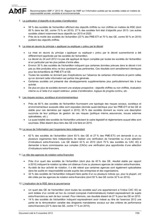 Recommandation AMF n° 2013-18 - Rapport de l’AMF sur l’information publiée par les sociétés cotées en matière de
responsabilité sociale, sociétale et environnementale

7. La publication d’objectifs et de pistes d’amélioration
•

•

58 % des sociétés de l’échantillon affichent des objectifs chiffrés ou non chiffrés en matière de RSE (dont
85 % dans les GE, contre 73 % en 2010). 27 % des sociétés font état d’objectifs pour 2013. Les autres
sociétés ciblent notamment leurs objectifs sur 2015 et 2020.
Près de la moitié des sociétés de l’échantillon (23 % des PME-ETI et 70 % des GE, contre 50 % en 2010)
publient des objectifs chiffrés.

8. La mise en œuvre du principe « appliquer ou expliquer » prévu par le décret
•
•
•

•
•
•

La mise en œuvre du principe « appliquer ou expliquer » prévu par le décret susmentionné a été
différemment appréciée par les sociétés de l’échantillon.
Le décret du 24 avril 2012 n’a pas été appliqué de façon complète par toutes les sociétés de l’échantillon
et en particulier par les plus petites d’entre elles.
Environ 30 % des sociétés de l’échantillon indiquent que certaines données prévues dans le décret n’ont
pas pu être produites et/ou ne leur paraissent pas pertinentes. Ces résultats sont sensiblement identiques
pour les échantillons de PME-ETI et GE.
Toutes les sociétés ne donnent pas d’explications sur l’absence de certaines informations et parmi celles
qui en donnent cette information est parfois très générale.
Certaines sociétés ont présenté des développements supplémentaires plus particulièrement liés à leur
activité.
De plus en plus de sociétés donnent une analyse prospective : objectifs chiffrés ou non chiffrés, évaluation
interne ou à l’aide d’un expert extérieur, pistes d’amélioration, logique de progrès continu, etc.

9. Les risques sociaux, sociétaux et environnementaux
•

•

Près de 60 % des sociétés de l'échantillon fournissent une typologie des risques sociaux, sociétaux et
environnementaux auxquels elles sont exposées (donnée quasi-identique pour les PME-ETI et les GE et
stable pour ces dernières par rapport à 2010). 65 % des sociétés donnent au moins une description
succincte de leur politique de gestion de ces risques (politique interne, assurances, revues externes
spécialisées, etc.).
La quasi-totalité des sociétés de l'échantillon précisent le cadre législatif et réglementaire auquel elles sont
soumises. Elles étaient deux tiers des GE à le faire en 2010.

10. La revue de l’information par l’organisme tiers indépendant
•

62 % des sociétés de l’échantillon (dont 93 % des GE et 27 % des PME-ETI) ont demandé à un ou
plusieurs organismes tiers indépendants de réaliser une vérification de l’ensemble ou d’une sélection
d’indicateurs extra-financiers. Les GE étaient 43 % en 2010 (dont 70 % des sociétés du CAC 40) à
demander à leurs commissaires aux comptes (CACs) une vérification plus approfondie d’une sélection
d’indicateurs extra-financiers.

11. Le rôle des agences de notation extra-financière
•
•
•

Près d’un quart des sociétés de l’échantillon (dont plus de 40 % des GE, résultat stable par rapport
à 2010) indiquent la notation qu’elles ont obtenue d’une ou plusieurs agences de notation extra-financière.
Au-delà de leur activité de notation, il a été relevé que certaines agences sont également spécialisées
dans les audits en responsabilité sociale auprès des entreprises et des organisations.
32 % des sociétés de l’échantillon indiquent faire partie d’un ou plusieurs indices qui, pour la plupart, ont
été créés par les agences de notation extra-financière (dont 55 % des GE contre 32 % en 2010).

12. L’implication de la RSE dans la gouvernance
•

•

Un quart des GE de l’échantillon (dont toutes les sociétés sauf une appartiennent à l’indice CAC 40) se
sont dotées d’un comité ad hoc du conseil (composé d’administrateurs) traitant expressément de sujets
extra-financiers au sein de leur conseil. Pour mémoire, ces résultats étaient de 27 % pour les GE en 2010.
14 % des sociétés de l’échantillon indiquent expressément avoir indexé au titre de l’exercice 2012 une
partie de la rémunération variable des dirigeants mandataires sociaux sur des critères de performance
extra-financiers (23 % dans les GE, contre 17 % en 2010).

Document créé le 5 novembre 2013

7/59

 