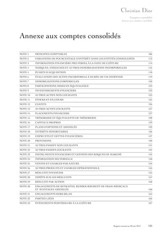 Comptes consolidés
Annexe aux comptes consolidés

Annexe aux comptes consolidés
NOTE 1

PRINCIPES COMPTABLES

106

NOTE 2

VARIATIONS DE POURCENTAGE D’INTÉRÊT DANS LES ENTITÉS CONSOLIDÉES

113

NOTE 3

INFORMATION FINANCIÈRE PRO FORMA À LA DATE DE CLÔTURE

114

NOTE 4

MARQUES, ENSEIGNES ET AUTRES IMMOBILISATIONS INCORPORELLES

116

NOTE 5

ÉCARTS D’ACQUISITION

118

NOTE 6

ÉVALUATION DES ACTIFS INCORPORELS À DURÉE DE VIE INDÉFINIE

119

NOTE 7

IMMOBILISATIONS CORPORELLES

120

NOTE 8

PARTICIPATIONS MISES EN ÉQUIVALENCE

123

NOTE 9

INVESTISSEMENTS FINANCIERS

123

NOTE 10

AUTRES ACTIFS NON COURANTS

125

NOTE 11

STOCKS ET EN-COURS

125

NOTE 12

CLIENTS

126

NOTE 13

AUTRES ACTIFS COURANTS

127

NOTE 14

PLACEMENTS FINANCIERS

127

NOTE 15

TRÉSORERIE ET ÉQUIVALENTS DE TRÉSORERIE

128

NOTE 16

CAPITAUX PROPRES

129

NOTE 17

PLANS D’OPTIONS ET ASSIMILÉS

132

NOTE 18

INTÉRÊTS MINORITAIRES

136

NOTE 19

EMPRUNTS ET DETTES FINANCIÈRES

137

NOTE 20

PROVISIONS

140

NOTE 21

AUTRES PASSIFS NON COURANTS

141

NOTE 22

AUTRES PASSIFS COURANTS

142

NOTE 23

INSTRUMENTS FINANCIERS ET GESTION DES RISQUES DE MARCHÉ

142

NOTE 24

INFORMATION SECTORIELLE

150

NOTE 25

VENTES ET CHARGES PAR NATURE

154

NOTE 26

AUTRES PRODUITS ET CHARGES OPÉRATIONNELS

155

NOTE 27

RÉSULTAT FINANCIER

155

NOTE 28

IMPÔTS SUR LES RÉSULTATS

157

NOTE 29

RÉSULTAT PAR ACTION

160

NOTE 30

ENGAGEMENTS DE RETRAITES, REMBOURSEMENT DE FRAIS MÉDICAUX
ET AVANTAGES ASSIMILÉS

160

NOTE 31

ENGAGEMENTS HORS BILAN

164

NOTE 32

PARTIES LIÉES

166

NOTE 33

ÉVÉNEMENTS POSTÉRIEURS À LA CLÔTURE

167

Rapport annuel au 30 juin 2013

105

 