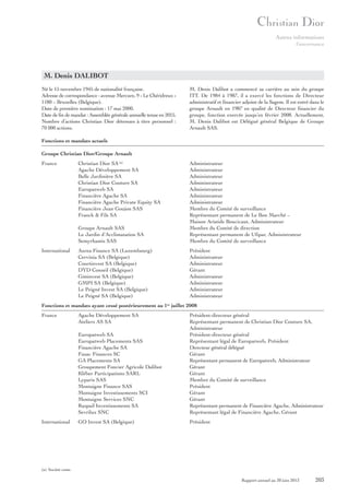 Autres informations
Gouvernance

M. Denis DALIBOT
Né le 15 novembre 1945 de nationalité française.
Adresse de correspondance : avenue Mercure, 9 « Le Chéridreux »
1180 – Bruxelles (Belgique).
Date de première nomination : 17 mai 2000.
Date de fin de mandat : Assemblée générale annuelle tenue en 2015.
Nombre d’actions Christian Dior détenues à titre personnel :
70 000 actions.

M. Denis Dalibot a commencé sa carrière au sein du groupe
ITT. De 1984 à 1987, il a exercé les fonctions de Directeur
administratif et financier adjoint de la Sagem. Il est entré dans le
groupe Arnault en 1987 en qualité de Directeur financier du
groupe, fonction exercée jusqu’en février 2008. Actuellement,
M. Denis Dalibot est Délégué général Belgique de Groupe
Arnault SAS.

Fonctions et mandats actuels
Groupe Christian Dior/Groupe Arnault
France

Christian Dior SA (a)
Agache Développement SA
Belle Jardinière SA
Christian Dior Couture SA
Europatweb SA
Financière Agache SA
Financière Agache Private Equity SA
Financière Jean Goujon SAS
Franck & Fils SA
Groupe Arnault SAS
Le Jardin d’Acclimatation SA
Semyrhamis SAS

International

Administrateur
Administrateur
Administrateur
Administrateur
Administrateur
Administrateur
Administrateur
Membre du Comité de surveillance
Représentant permanent de Le Bon Marché –
Maison Aristide Boucicaut, Administrateur
Membre du Comité de direction
Représentant permanent de Ufipar, Administrateur
Membre du Comité de surveillance

Aurea Finance SA (Luxembourg)
Cervinia SA (Belgique)
Courtinvest SA (Belgique)
DYD Conseil (Belgique)
Giminvest SA (Belgique)
GMPI SA (Belgique)
Le Peigné Invest SA (Belgique)
Le Peigné SA (Belgique)

Président
Administrateur
Administrateur
Gérant
Administrateur
Administrateur
Administrateur
Administrateur

Fonctions et mandats ayant cessé postérieurement au 1er juillet 2008
France

Europatweb SA
Europatweb Placements SAS
Financière Agache SA
Fusac Finances SC
GA Placements SA
Groupement Foncier Agricole Dalibot
Kléber Participations SARL
Lyparis SAS
Montaigne Finance SAS
Montaigne Investissements SCI
Montaigne Services SNC
Raspail Investissements SA
Sevrilux SNC
International

Agache Développement SA
Ateliers AS SA

Président-directeur général
Représentant permanent de Christian Dior Couture SA,
Administrateur
Président-directeur général
Représentant légal de Europatweb, Président
Directeur général délégué
Gérant
Représentant permanent de Europatweb, Administrateur
Gérant
Gérant
Membre du Comité de surveillance
Président
Gérant
Gérant
Représentant permanent de Financière Agache, Administrateur
Représentant légal de Financière Agache, Gérant

GO Invest SA (Belgique)

Président

(a) Société cotée.

Rapport annuel au 30 juin 2013

203

 