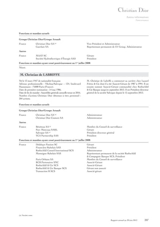 Autres informations
Gouvernance

Fonctions et mandats actuels
Groupe Christian Dior/Groupe Arnault
France

Christian Dior SA (a)
Guerlain SA

Vice-Président et Administrateur
Représentant permanent de LV Group, Administrateur

MAAT SC
Société Hydroélectrique d’Énergie SAS

Gérant
Président

Autres
France

Fonctions et mandats ayant cessé postérieurement au 1er juillet 2008
Néant.

M. Christian de LABRIFFE
Né le 13 mars 1947 de nationalité française.
Adresse professionnelle : Tikehau/Salvepar – 134, boulevard
Haussmann - 75008 Paris (France).
Date de première nomination : 14 mai 1986.
Date de fin de mandat : Assemblée générale annuelle tenue en 2016.
Nombre d’actions Christian Dior détenues à titre personnel :
204 actions.

M. Christian de Labriffe a commencé sa carrière chez Lazard
Frères & Cie dont il a été Associé-Gérant de 1987 à 1994. Il est
ensuite nommé Associé-Gérant commandité chez Rothschild
& Cie Banque jusqu’en septembre 2013. Il est Président-directeur
général de la société Salvepar depuis le 15 septembre 2013.

Fonctions et mandats actuels
Groupe Christian Dior/Groupe Arnault
France

Christian Dior SA (a)
Christian Dior Couture SA

Administrateur
Administrateur

Bénéteau SA (a)
Parc Monceau SARL
Salvepar SA (a)
TCA Partnership SAS

Membre du Conseil de surveillance
Gérant
Président-directeur général
Président

Autres
France

Fonctions et mandats ayant cessé postérieurement au 1er juillet 2008
France

Delahaye Passion SC
Financière Rabelais SAS
Rothschild Conseil International SCS
Montaigne Rabelais SAS
Paris Orléans SA
RCB Partenaires SNC
Rothschild & Cie SCS
Rothschild & Cie Banque SCS
Transaction R SCS

Gérant
Président
Administrateur
Représentant permanent de la société Rothschild
& Compagnie Banque SCS, Président
Membre du Conseil de surveillance
Associé-Gérant
Associé-Gérant
Gérant non associé
Associé-gérant

(a) Société cotée.

Rapport annuel au 30 juin 2013

207

 