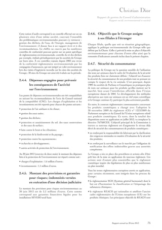 Rapport de gestion du Conseil d’administration
Rapport social, environnemental et sociétal

Cette notion d’audit correspond à un contrôle effectué sur un ou
plusieurs sites d’une même société, couvrant l’ensemble
des problématiques environnementales pouvant s’y retrouver :
gestion des déchets, de l’eau, de l’énergie, management de
l’environnement ; il donne lieu à un rapport écrit et à des
recommandations. Ce chiffre ne couvre pas les nombreux
contrôles de conformité pouvant porter sur un point spécifique
de réglementation environnementale, contrôle du tri des déchets
par exemple, réalisés périodiquement par les sociétés du Groupe
sur leurs sites. À ces contrôles s’ajoute depuis 2003 une revue
de la conformité réglementaire environnementale par les
compagnies d’assurances, qui ont intégré un volet environnement
lors des visites d’ingénierie incendie sur les sites des sociétés du
Groupe ; 30 sites du Groupe ont ainsi été évalués sur la période.

2.4.4. Dépenses engagées pour prévenir
les conséquences de l’activité
sur l’environnement
Les postes de dépenses environnementales ont été comptabilisés
en suivant les recommandations de l’avis du Conseil national
de la comptabilité (CNC). Les charges d’exploitation et les
investissements ont été reportés pour chacun des postes suivants :
• protection de l’air ambiant et du climat ;
• gestion des eaux usées ;
• gestion des déchets ;
• protection et assainissement du sol, des eaux souterraines
et des eaux de surface ;
• lutte contre le bruit et les vibrations ;
• protection de la biodiversité et du paysage ;
• protection contre les rayonnements ;
• recherche et développement ;
• autres activités de protection de l’environnement.
Au 30 juin 2013 (exercice de deux mois), le montant des dépenses
liées à la protection de l’environnement est réparti comme suit :
• charges d’exploitation : 1,6 million d’euros ;
• investissements : 1,1 million d’euros.

2.4.5. Montant des provisions et garanties
pour risques ; indemnités versées
en exécution d’une décision judiciaire
Le montant des provisions pour risques environnementaux au
30 juin 2013 est de 2,2 millions d’euros. Cette somme
correspond aux garanties financières légales pour les
installations SEVESO seuil haut.

2.4.6. Objectifs que le Groupe assigne
à ses filiales à l’étranger
Chaque filiale, quelle que soit sa situation géographique,
applique la politique environnementale du Groupe telle que
définie par la Charte. Celle-ci prévoit la mise en place d’objectifs
environnementaux pour chacune d’entre elles ainsi que la
remontée d’indicateurs annuels inclus dans le présent chapitre.

2.4.7. Sécurité du consommateur
La politique du Groupe sur la question sensible de l’utilisation
des tests sur animaux dans le cadre de l’évaluation de la sécurité
des produits finis est clairement définie : l’objectif est d’assurer
la sécurité du consommateur de nos produits tout en prenant en
compte le respect de la vie animale. C’est pourquoi, depuis
1989, les sociétés de Parfums et Cosmétiques ne pratiquent plus
de tests sur animaux pour les produits qu’elles mettent sur le
marché, bien avant l’interdiction officielle dans l’Union
européenne datant de 2004. Le développement des méthodes
alternatives aux tests sur animaux est un réel enjeu scientifique
et le Groupe continue d’y participer le plus activement possible.
En outre, le contexte réglementaire communautaire concernant
les produits cosmétiques a changé avec l’adoption le
30 novembre 2009 du règlement (CE) n° 1223 / 2009 du
Parlement européen et du Conseil de l’Union européenne relatif
aux produits cosmétiques. Ce texte, dont la totalité des
dispositions entre en application en juillet 2013, va remplacer la
directive 76/768/CEE. L’objectif principal de la Commission à
travers ce nouveau règlement est d’augmenter le niveau déjà
élevé de sécurité des consommateurs de produits cosmétiques :
• en renforçant la responsabilité du fabricant par la clarification
des exigences minimales en matière d’évaluation de la sécurité
des produits ;
• en renforçant la surveillance sur le marché par l’obligation de
notification des effets indésirables graves aux autorités
compétentes.
Le Groupe a mis en place des procédures et actions afin d’être
prêt lors de la mise en application du nouveau règlement. Ces
actions sont d’autant plus essentielles que le règlement
cosmétique inspire des législations de plus en plus nombreuses
au plan mondial.
Tous les textes réglementaires européens entrés en application,
pour certains récemment, sont intégrés dans les process du
Groupe :
• la réglementation SGH (Système général harmonisé) dont le
but est d’harmoniser la classification et l’étiquetage des
substances chimiques ;
• le règlement REACH qui rationalise et améliore l’ancien
cadre réglementaire de l’Union européenne (UE) sur les
produits chimiques. Les principaux objectifs de REACH sont

Rapport annuel au 30 juin 2013

75

 