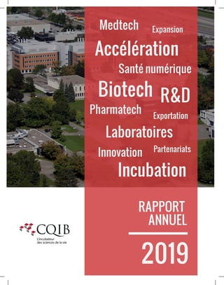 RAPPORT
ANNUEL
2019
Medtech
Incubation
Santé numérique
Biotech
Expansion
Accélération
Exportation
Laboratoires
Pharmatech
Partenariats
R&D
Innovation
 