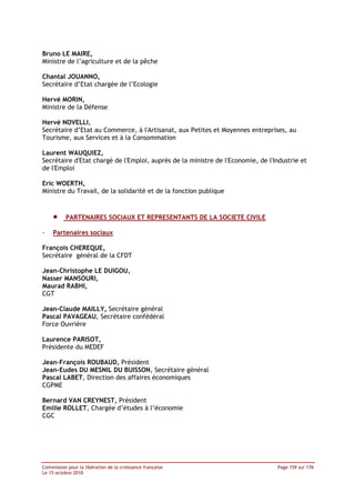 Bruno LE MAIRE,
Ministre de l’agriculture et de la pêche

Chantal JOUANNO,
Secrétaire d’Etat chargée de l’Ecologie

Hervé MORIN,
Ministre de la Défense

Hervé NOVELLI,
Secrétaire d’Etat au Commerce, à l'Artisanat, aux Petites et Moyennes entreprises, au
Tourisme, aux Services et à la Consommation

Laurent WAUQUIEZ,
Secrétaire d'Etat chargé de l'Emploi, auprès de la ministre de l'Economie, de l'Industrie et
de l'Emploi

Eric WOERTH,
Ministre du Travail, de la solidarité et de la fonction publique



    •     PARTENAIRES SOCIAUX ET REPRESENTANTS DE LA SOCIETE CIVILE

-   Partenaires sociaux

François CHEREQUE,
Secrétaire général de la CFDT

Jean-Christophe LE DUIGOU,
Nasser MANSOURI,
Maurad RABHI,
CGT

Jean-Claude MAILLY, Secrétaire général
Pascal PAVAGEAU, Secrétaire confédéral
Force Ouvrière

Laurence PARISOT,
Présidente du MEDEF

Jean-François ROUBAUD, Président
Jean-Eudes DU MESNIL DU BUISSON, Secrétaire général
Pascal LABET, Direction des affaires économiques
CGPME

Bernard VAN CREYNEST, Président
Emilie ROLLET, Chargée d’études à l’économie
CGC




Commission pour la libération de la croissance française                         Page 159 sur 176
Le 15 octobre 2010
 
