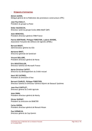 -   Dirigeants d’entreprises

Michel AUZON,
Délégué général de la Fédération des promoteurs constructeurs (FPC)

Jean-Paul BAILLY,
Président du groupe La Poste

Didier BAZZOCCHI,
Directeur santé du groupe Covéa (MMA-MAAF-GMF)

Alain BENICHOU,
Président-directeur général d’IBM France

Patrick BERTRAND, Philippe FORESTIER, Ludovic RIVIERE,
Association française des éditeurs de logiciels (AFDEL)

Bernard BIGOT,
Administrateur général du CEA

Marianne BINST,
Directrice générale de Santéclair

Vincent BOLLORE,
Président-directeur général de Havas

Eric BOUSTOULLER,
Directeur Général de Microsoft France

Marie-Christine CAFFET,
Directrice du développement du Crédit mutuel

Henri DE CASTRIES,
Président du directoire d’Axa

Bernard CHARLES, Philippe FORESTIER,
Directeur Général et Directeur Général Adjoint de Dassault Systèmes

Jean-Paul CHIFFLET,
Directeur général du Crédit Agricole

Alain DININ,
Président-directeur général de Nexity

Olivier DUPONT,
Président du directoire de DEMETER

Carlos GHOSN,
Président directeur général de Renault-Nissan

Paul HERMELIN,
Directeur général de Cap Gemini



Commission pour la libération de la croissance française              Page 160 sur 176
Le 15 octobre 2010
 