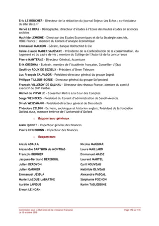 Eric LE BOUCHER - Directeur de la rédaction du journal Enjeux-Les Echos ; co-fondateur
du site Slate.fr
Hervé LE BRAS - Démographe, directeur d’études à l’Ecole des hautes études en sciences
sociales
Mathilde LEMOINE - Directeur des Etudes Economiques et de la Stratégie Marchés,
HSBC France ; membre du Conseil d’analyse économique
Emmanuel MACRON - Gérant, Banque Rothschild & Cie
Reine-Claude MADER SAUSSAYE - Présidente de la Confédération de la consommation, du
logement et du cadre de vie ; membre du Collège de l’Autorité de la concurrence
Pierre NANTERME - Directeur Général, Accenture
Erik ORSENNA - Ecrivain, membre de l’Académie française, Conseiller d’Etat
Geoffroy ROUX DE BEZIEUX - Président d’Omer Telecom
Luc François SALVADOR - Président-directeur général du groupe Sogeti
Philippe TILLOUS-BORDE - Directeur général du groupe Sofiproteol
François VILLEROY DE GALHAU - Directeur des réseaux France, Membre du comité
exécutif de BNP Paribas
Michel de VIRVILLE - Conseiller Maître à la Cour des Comptes
Serge WEINBERG - Président du Conseil d’administration de Sanofi-Aventis
Dinah WEISSMANN – Président-directeur général de Biocortech
Théodore ZELDIN - Ecrivain, sociologue et historien anglais, Président de la fondation
Oxford Muse, membre émérite de l’Université d’Oxford

              o    Rapporteurs généraux

Alain QUINET - Inspecteur général des finances
Pierre HEILBRONN - Inspecteur des finances

              o    Rapporteurs

Alexis ADALLA                                              Nicolas MAGGIAR
Alexandre BARTHON de MONTBAS                               Laure MAILLARD
François BRUNIER                                           Emmanuel MASSE
Jacques-Bertrand DEREBOUL                                  Laurent MARTEL
Julien DEROYON                                             Cyril NOUVEAU
Julien GARNIER                                             Mathilde OLIVEAU
Emmanuel JESSUA                                            Alexandre PASCAL
Muriel LACOUE-LABARTHE                                     Stéphanie POCHON
Aurélie LAPIDUS                                            Karim TADJEDDINE
Erwan LE NOAN




Commission pour la libération de la croissance française                       Page 172 sur 176
Le 15 octobre 2010
 