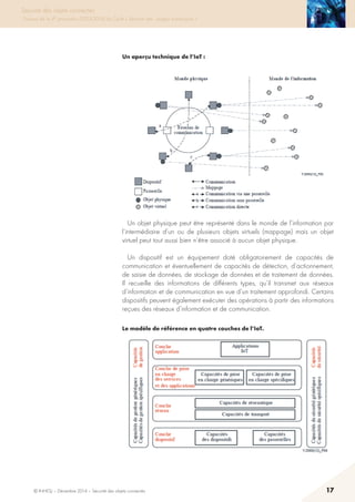 © INHESJ – Décembre 2014 – Sécurité des objets connectés 17
Sécurité des objets connectés
Travaux de la 4e promotion (2013-2014) du Cycle « Sécurité des usages numériques »
Un aperçu technique de l’IoT :
sont en outre présentés dans une annexe donnée à titre d'information.
2.2.1.2 Eléments clés
Un aperçu technique de l’IoT :
Un objet physique peut être représenté dans le monde de l'information par
l'intermédiaire d'un ou de plusieurs objets virtuels (mappage) mais un objet virtuel
peut tout aussi bien n'être associé à aucun objet physique.
Un objet physique peut être représenté dans le monde de l’information par
l’intermédiaire d’un ou de plusieurs objets virtuels (mappage) mais un objet
virtuel peut tout aussi bien n’être associé à aucun objet physique.
Un dispositif est un équipement doté obligatoirement de capacités de
communication et éventuellement de capacités de détection, d’actionnement,
de saisie de données, de stockage de données et de traitement de données.
Il recueille des informations de différents types, qu’il transmet aux réseaux
d’information et de communication en vue d’un traitement approfondi. Certains
dispositifs peuvent également exécuter des opérations à partir des informations
reçues des réseaux d’information et de communication.
Le modèle de référence en quatre couches de l’IoT.
Un dispositif est un équipement doté obligatoirement de capacités de
communication et éventuellement de capacités de détection, d'actionnement, de
saisie de données, de stockage de données et de traitement de données. Il recueille
des informations de différents types, qu'il transmet aux réseaux d'information et
de communication en vue d'un traitement approfondi. Certains dispositifs peuvent
également exécuter des opérations à partir des informations reçues des réseaux
d'information et de communication.
2.2.1.3 Les éléments de sécurité
Les aspects sécurité sont portées dans ce modèle par la notion de « capacités de
sécurité », qui sont de deux ordres: génériques ou spécifiques.
 