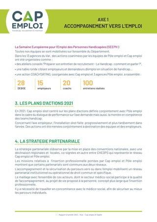 21 / Rapport d’activité 2021 / Avie - Cap emploi et Saphir
La Semaine Européenne pour l’Emploi des Personnes Handicapées (SEEPH )
Toutes nos équipes se sont mobilisées sur l’ensemble du Département.
Dans les 13 agences du Var, des actions coanimées par les équipes de Pôle emploi et Cap emploi
ont été organisées comme :
•desateliersconseils“Préparersonentretienderecrutement-LeHandicap:commentenparler?”,
• une table ronde ciblant employeurs et demandeurs d’emploi en situation de handicap…
• une action COACH’DATING, coorganisée avec Cap emploi et 3 agences Pôle emploi, a rassemblé :
28
DEBOE
15
employeurs
20
coachs
100
entretiens réalisés
3. LES PLANS D’ACTIONS 2021
En 2021, Cap emploi s’est centré sur les plans d’actions définis conjointement avec Pôle emploi
danslecadredudialoguedeperformancesurl’axedemandemaisaussi,lamontéeencompétence
des teams handicap.
Concernant l’axe employeur, l’installation s’est faite progressivement et plus tardivement dans
l’année. Des actions ont été menées conjointement à destination des équipes et des employeurs.
4. LA STRATEGIE PARTENARIALE
La stratégie partenariale s’observe par la mise en place des conventions nationales, avec une
déclinaison régionales et locales, co-signées en autre entre CHEOPS qui représente le réseau
Cap emploi et Pôle emploi.
Les missions relatives à l’insertion professionnelle portées par Cap emploi et Pôle emploi
montrent que certains partenariats sont communs aux deux réseaux.
L’accompagnement et la sécurisation du parcours vers ou dans l’emploi mobilisent un réseau
partenarial institutionnel ou opérationnel de droit commun et spécifique.
Le maillage avec l’ensemble de ces acteurs, dont le secteur médico-social participe à la qualité
de l‘accompagnement, au projet de vie proposé à la personne, concept plus large que l’insertion
professionnelle.
Il y a nécessité de travailler en concomitance avec le médico-social, afin de sécuriser au mieux
les parcours individuels.
AXE 1
ACCOMPAGNEMENT VERS L’EMPLOI
 