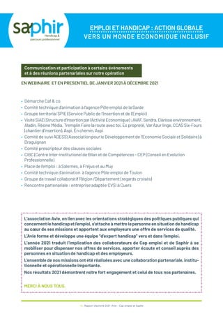 EMPLOI ET HANDICAP : ACTION GLOBALE
VERS UN MONDE ECONOMIQUE INCLUSIF
45 / Rapport d’activité 2021 / Avie - Cap emploi et Saphir
Communication et participation à certains évènements
et à des réunions partenariales sur notre opération
• Démarche Caf & co
• Comité technique d’animation à l’agence Pôle emploi de la Garde
• Groupe territorial SPIE (Service Public de l’Insertion et de l’Emploi)
• VisiteSIAE(Structured’Insertionparl’ActivitéEconomique):AVAF,Sendra,Clarisseenvironnement,
Aladin, Résine Média, Tremplin Faire la route avec toi, Es propreté, Var Azur linge, CCAS Six-Fours
(chantierd’insertion),Aspi,Enchemin,Aspi
• ComitédesuiviADESS(AssociationpourleDéveloppementdel’EconomieSocialeetSolidaire)à
Draguignan
• Comité prescripteur des clauses sociales
• CIBC (Centre Inter-institutionel de Bilan et de Compétences - CEP (Conseil en Evolution
Professionnelle)
• Place de l’emploi : à Salernes, à Fréjus et au Muy
• Comité technique d’animation à l’agence Pôle emploi de Toulon
• Groupe de travail collaboratif Région /Département (regards croisés)
• Rencontre partenariale : entreprise adaptée CVSI à Cuers
EN WEBINAIRE ET EN PRESENTIEL DE JANVIER 2021 À DÉCEMBRE 2021
L’association Avie, en lien avec les orientations stratégiques des politiques publiques qui
concernent le handicap et l’emploi, s’attache à mettre la personne en situation de handicap
au cœur de ses missions et apportent aux employeurs une offre de services de qualité.
L’Avie forme et développe une équipe “d’expert handicap” vers et dans l’emploi.
L’année 2021 traduit l’implication des collaborateurs de Cap emploi et de Saphir à se
mobiliser pour dispenser nos offres de services, apporter écoute et conseil auprès des
personnes en situation de handicap et des employeurs.
L’ensemble de nos missions ont été réalisées avec une collaboration partenariale, institu-
tionnelle et opérationnelle importante.
Nos résultats 2021 démontrent notre fort engagement et celui de tous nos partenaires.
MERCI À NOUS TOUS.
 