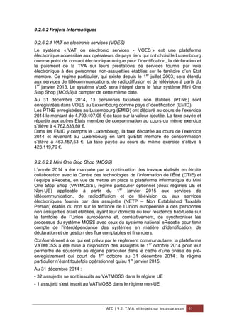 9.2.6.2 Projets Informatiques
9.2.6.2.1 VAT on electronic services (VOES)
Le système « VAT on electronic services - VOES » est une plateforme
électronique accessible aux opérateurs de pays tiers qui ont choisi le Luxembourg
comme point de contact électronique unique pour l’identification, la déclaration et
le paiement de la TVA sur leurs prestations de services fournis par voie
électronique à des personnes non-assujetties établies sur le territoire d’un État
membre. Ce régime particulier, qui existe depuis le 1er
juillet 2003, sera étendu
aux services de télécommunications, de radiodiffusion et de télévision à partir du
1er
janvier 2015. Le système VoeS sera intégré dans le futur système Mini One
Stop Shop (MOSS) à compter de cette même date.
Au 31 décembre 2014, 13 personnes taxables non établies (PTNE) sont
enregistrées dans VOES au Luxembourg comme pays d’identification (EMID).
Les PTNE enregistrées au Luxembourg (EMID) ont déclaré au cours de l’exercice
2014 le montant de 4.793.407,05 € de taxe sur la valeur ajoutée. La taxe payée et
répartie aux autres Etats membre de consommation au cours du même exercice
s’élève à 4.762.833,80 €.
Dans les EMID y compris le Luxembourg, la taxe déclarée au cours de l’exercice
2014 et revenant au Luxembourg en tant qu’État membre de consommation
s’élève à 463.157,53 €. La taxe payée au cours du même exercice s’élève à
423.119,79 €.
9.2.6.2.2 Mini One Stop Shop (MOSS)
L’année 2014 a été marquée par la continuation des travaux réalisés en étroite
collaboration avec le Centre des technologies de l’information de l’État (CTIE) et
l’équipe eRecette, en vue de mettre en place la plateforme informatique du Mini
One Stop Shop (VATMOSS), régime particulier optionnel (deux régimes UE et
Non-UE) applicable à partir du 1er
janvier 2015 aux services de
télécommunication, de radiodiffusion et de télévision ou aux services
électroniques fournis par des assujettis (NETP – Non Established Taxable
Person) établis ou non sur le territoire de l’Union européenne à des personnes
non assujetties étant établies, ayant leur domicile ou leur résidence habituelle sur
le territoire de l’Union européenne et, corrélativement, de synchroniser les
processus du système MOSS avec ceux du système national eRecette pour tenir
compte de l’interdépendance des systèmes en matière d’identification, de
déclaration et de gestion des flux comptables et financiers.
Conformément à ce qui est prévu par le règlement communautaire, la plateforme
VATMOSS a été mise à disposition des assujettis le 1er
octobre 2014 pour leur
permettre de souscrire au régime particulier dans le cadre d’une phase de pré-
enregistrement qui court du 1er
octobre au 31 décembre 2014 ; le régime
particulier n’étant toutefois opérationnel qu’au 1er
janvier 2015.
Au 31 décembre 2014 :
- 32 assujettis se sont inscrits au VATMOSS dans le régime UE
- 1 assujetti s’est inscrit au VATMOSS dans le régime non-UE
AED | 9.2. T.V.A. et impôts sur les assurances 51
 