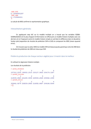 PROJET DATA MINING 12
Le calcule de MSE confirme la représentation graphique.
Interprétations générales
En appliquant step AIC sur le modèle multiple on a trouvé que les variables X2006-
X2009etX2010 ont le plus d'apport d'information en effectuant un modèle linéaire multiples avec ces
derniers et en l'exposant contre le modèle linéaire simple on voit bien la différence dans le deuxième
Scatter plot (exposition de résultat de prédiction SVR et SLR) en comparant les MSE (mean squared
error).
On trouvera que la valeur MSE du modèle SVR est beaucoup plus grand que celui de LRM donc
le résultat de prédiction de LRM est mieux que SVR.
Prédire la production de chaque secteur végétal pour s'investir dans le meilleur
En utilisant la régression linéaire multiple :
Les résultats de la prédiction.
 