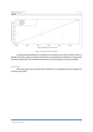 PROJET DATA MINING 13
Figure 10: Régression linéaire multiple
La représentation graphique de la prédiction de la production des secteurs comme l’huile –le
céréale-et les fruits rouges nous permet de conclure que la production de céréale est la plus proche
des valeurs réelles donc c’est la meilleure production à s’y investir puisque c’est la plus rentable.
Conclusion
Dans cette section nous avons été mener à déterminer la contribution du secteur agricole sur
le PIB de l'année 2017.
 