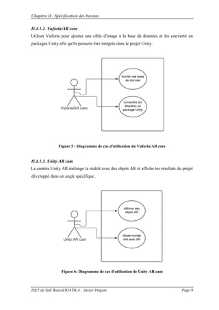 Chapitre II : Spécification des besoins
ISET de Sidi Bouzid/RIATICA : Jasser Degani Page 9
II.4.1.2. Vuforia/AR core
Utiliser Vuforia pour ajouter une cible d'image à la base de données et les convertir en
packages Unity afin qu'ils puissent être intégrés dans le projet Unity.
Figure 5 : Diagramme de cas d'utilisation du Vuforia/AR core
II.4.1.3. Unity AR cam
La caméra Unity AR mélange la réalité avec des objets AR et affiche les résultats du projet
développé dans un angle spécifique.
Figure 6: Diagramme de cas d'utilisation de Unity AR cam
 