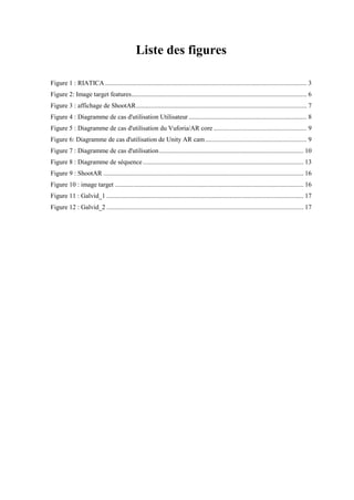 Liste des figures
Figure 1 : RIATICA........................................................................................................................... 3
Figure 2: Image target features........................................................................................................... 6
Figure 3 : affichage de ShootAR........................................................................................................ 7
Figure 4 : Diagramme de cas d'utilisation Utilisateur........................................................................ 8
Figure 5 : Diagramme de cas d'utilisation du Vuforia/AR core......................................................... 9
Figure 6: Diagramme de cas d'utilisation de Unity AR cam.............................................................. 9
Figure 7 : Diagramme de cas d'utilisation........................................................................................ 10
Figure 8 : Diagramme de séquence.................................................................................................. 13
Figure 9 : ShootAR .......................................................................................................................... 16
Figure 10 : image target ................................................................................................................... 16
Figure 11 : Galvid_1 ........................................................................................................................ 17
Figure 12 : Galvid_2 ........................................................................................................................ 17
 