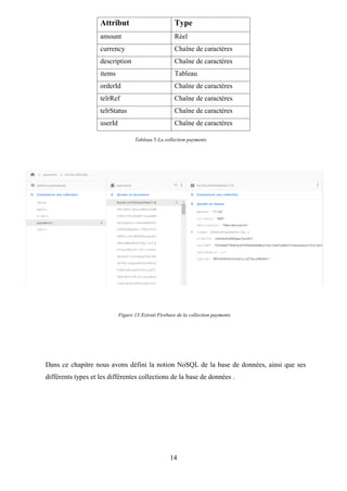 14
Dans ce chapitre nous avons défini la notion NoSQL de la base de données, ainsi que ses
différents types et les différentes collections de la base de données .
Attribut Type
amount Réel
currency Chaîne de caractères
description Chaîne de caractères
items Tableau
orderId Chaîne de caractères
telrRef Chaîne de caractères
telrStatus Chaîne de caractères
userId Chaîne de caractères
Tableau 5:La collection payments
Figure 13:Extrait Firebase de la collection payments
 