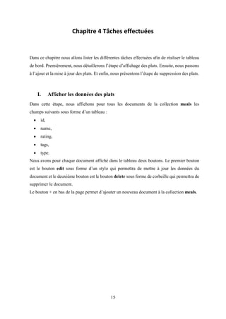 15
Chapitre 4 Tâches effectuées
Dans ce chapitre nous allons lister les différentes tâches effectuées afin de réaliser le tableau
de bord. Premièrement, nous détaillerons l’étape d’affichage des plats. Ensuite, nous passons
à l’ajout et la mise à jour des plats. Et enfin, nous présentons l’étape de suppression des plats.
I. Afficher les données des plats
Dans cette étape, nous affichons pour tous les documents de la collection meals les
champs suivants sous forme d’un tableau :
• id,
• name,
• rating,
• tags,
• type.
Nous avons pour chaque document affiché dans le tableau deux boutons. Le premier bouton
est le bouton edit sous forme d’un stylo qui permettra de mettre à jour les données du
document et le deuxième bouton est le bouton delete sous forme de corbeille qui permettra de
supprimer le document.
Le bouton + en bas de la page permet d’ajouter un nouveau document à la collection meals.
 