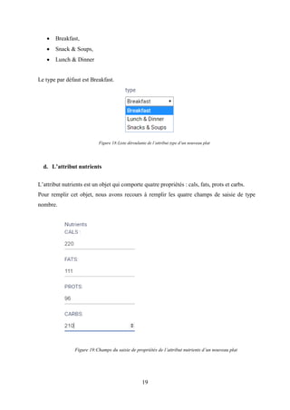19
• Breakfast,
• Snack & Soups,
• Lunch & Dinner
Le type par défaut est Breakfast.
d. L’attribut nutrients
L’attribut nutrients est un objet qui comporte quatre propriétés : cals, fats, prots et carbs.
Pour remplir cet objet, nous avons recours à remplir les quatre champs de saisie de type
nombre.
Figure 19:Champs du saisie de propriétés de l’attribut nutrients d’un nouveau plat
Figure 18:Liste déroulante de l’attribut type d’un nouveau plat
 