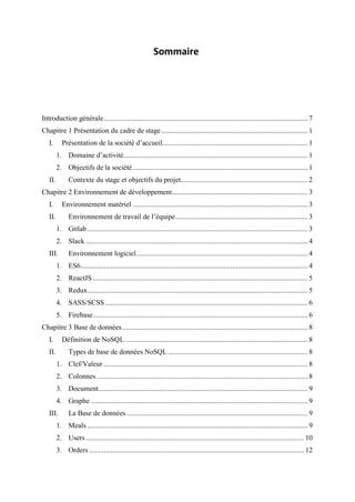 Introduction générale.................................................................................................................. 7
Chapitre 1 Présentation du cadre de stage.................................................................................. 1
I. Présentation de la société d’accueil................................................................................. 1
1. Domaine d’activité....................................................................................................... 1
2. Objectifs de la société.................................................................................................. 1
II. Contexte du stage et objectifs du projet....................................................................... 2
Chapitre 2 Environnement de développement............................................................................ 3
I. Environnement matériel .................................................................................................. 3
II. Environnement de travail de l’équipe.......................................................................... 3
1. Gitlab ........................................................................................................................... 3
2. Slack ............................................................................................................................ 4
III. Environnement logiciel................................................................................................ 4
1. ES6............................................................................................................................... 4
2. ReactJS ........................................................................................................................ 5
3. Redux........................................................................................................................... 5
4. SASS/SCSS ................................................................................................................. 6
5. Firebase........................................................................................................................ 6
Chapitre 3 Base de données........................................................................................................ 8
I. Définition de NoSQL ...................................................................................................... 8
II. Types de base de données NoSQL .............................................................................. 8
1. Clef/Valeur .................................................................................................................. 8
2. Colonnes...................................................................................................................... 8
3. Document..................................................................................................................... 9
4. Graphe ......................................................................................................................... 9
III. La Base de données ..................................................................................................... 9
1. Meals ........................................................................................................................... 9
2. Users .......................................................................................................................... 10
3. Orders ........................................................................................................................ 12
Sommaire
 