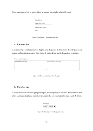 24
Nous supposant qu’on va mettre à jour le nom du plat salad à salad with corns.
a. L’attribut desc
Afin de mettre à jour la description du plat, nous disposons de deux zones de texte pour saisir
une en anglais et une en arabe. On a choisi de mettre à jour que la description en anglais.
Figure 28:Mise à jour l’attribut desc d'un plat
b. L’attribut type
Afin de choisir un nouveau type pour le plat, nous disposons d’une liste déroulante de trois
choix identiques à celle du formulaire précédent. Le nouveau type choisi est Lunch & Diner.
Figure 27:Mise à jour l’attribut nom d'un plat
Figure 29: Mise à jour l’attribut type d'un plat
 