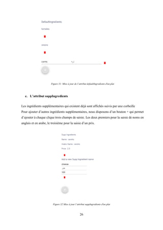 26
e. L’attribut suppIngredients
Les ingrédients supplémentaires qui existent déjà sont affichés suivis par une corbeille
Pour ajouter d’autres ingrédients supplémentaires, nous disposons d’un bouton + qui permet
d’ajouter à chaque clique trois champs de saisie. Les deux premiers pour la saisie de noms en
anglais et en arabe, le troisième pour la saisie d’un prix.
Figure 32 Mise à jour l’attribut suppIngredients d'un plat
Figure 31: Mise à jour de l’attribut defaultIngredients d'un plat
 