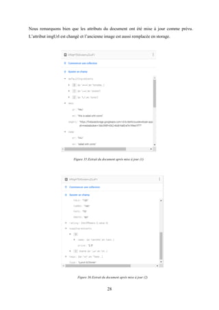 28
Nous remarquons bien que les attributs du document ont été mise à jour comme prévu.
L’attribut imgUrl est changé et l’ancienne image est aussi remplacée en storage.
Figure 35:Extrait du document aprés mise à jour (1)
Figure 36:Extrait du document aprés mise à jour (2)
 