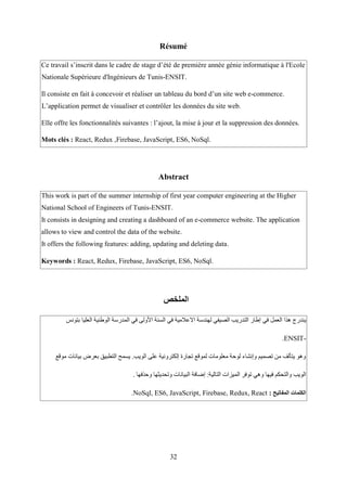 32
Résumé
Ce travail s’inscrit dans le cadre de stage d’été de première année génie informatique à l'Ecole
Nationale Supérieure d'Ingénieurs de Tunis-ENSIT.
Il consiste en fait à concevoir et réaliser un tableau du bord d’un site web e-commerce.
L’application permet de visualiser et contrôler les données du site web.
Elle offre les fonctionnalités suivantes : l’ajout, la mise à jour et la suppression des données.
Mots clés : React, Redux ,Firebase, JavaScript, ES6, NoSql.
Abstract
This work is part of the summer internship of first year computer engineering at the Higher
National School of Engineers of Tunis-ENSIT.
It consists in designing and creating a dashboard of an e-commerce website. The application
allows to view and control the data of the website.
It offers the following features: adding, updating and deleting data.
Keywords : React, Redux, Firebase, JavaScript, ES6, NoSql.
‫الملخص‬
‫ي‬‫في‬ ‫األولى‬ ‫السنة‬ ‫في‬ ‫االعالمية‬ ‫لهندسة‬ ‫الصيفي‬ ‫التدريب‬ ‫إطار‬ ‫في‬ ‫العمل‬ ‫هذا‬ ‫ندرج‬‫الم‬‫درس‬‫العليا‬ ‫الوطنية‬ ‫ة‬‫بتونس‬
.ENSIT-
.‫الويب‬ ‫على‬ ‫إلكترونية‬ ‫تجارة‬ ‫لموقع‬ ‫معلومات‬ ‫لوحة‬ ‫وإنشاء‬ ‫تصميم‬ ‫من‬ ‫يتألف‬ ‫وهو‬‫موقع‬ ‫بيانات‬ ‫بعرض‬ ‫التطبيق‬ ‫يسمح‬
. ‫الم‬ ‫توفر‬ ‫وهي‬ ‫فيها‬ ‫والتحكم‬ ‫الويب‬‫وحذف‬ ‫وتحديثها‬ ‫البيانات‬ ‫إضافة‬ :‫التالية‬ ‫يزات‬‫ه‬‫ا‬
.NoSql, ES6, JavaScript, Firebase, Redux, React : ‫الكلمات‬‫المفاتيح‬
 