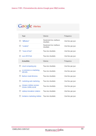 EMELINE CONTAT 55
Annexe VIII : Présentation des alertes Google pour BKCuration
 