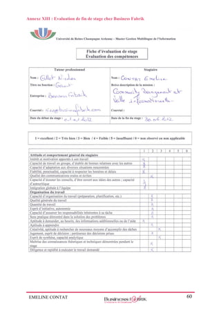 EMELINE CONTAT 60
Annexe XIII : Evaluation de fin de stage chez Business Fabrik
 
