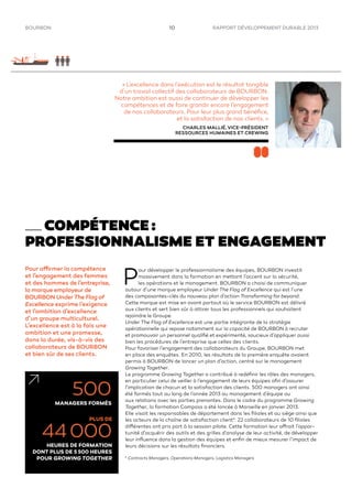 RAPPORT DÉVELOPPEMENT DURABLE 201310BOURBON
COMPÉTENCE :
PROFESSIONNALISME ET ENGAGEMENT
P
our développer le professionnalisme des équipes, BOURBON investit
massivement dans la formation en mettant l’accent sur la sécurité,
les opérations et le management. BOURBON a choisi de communiquer
autour d’une marque employeur Under The Flag of Excellence qui est l’une
des composantes-clés du nouveau plan d’action Transforming for beyond.
Cette marque est mise en avant partout où le service BOURBON est délivré
aux clients et sert bien sûr à attirer tous les professionnels qui souhaitent
rejoindre le Groupe.
Under The Flag of Excellence est une partie intégrante de la stratégie
opérationnelle qui repose notamment sur la capacité de BOURBON à recruter
et promouvoir un personnel qualiﬁé et expérimenté, soucieux d’appliquer aussi
bien les procédures de l’entreprise que celles des clients.
Pour favoriser l’engagement des collaborateurs du Groupe, BOURBON met
en place des enquêtes. En 2010, les résultats de la première enquête avaient
permis à BOURBON de lancer un plan d’action, centré sur le management 
Growing Together.
Le programme Growing Together a contribué à redéﬁnir les rôles des managers,
en particulier celui de veiller à l’engagement de leurs équipes aﬁn d’assurer
l’implication de chacun et la satisfaction des clients. 500 managers ont ainsi
été formés tout au long de l’année 2013 au management d’équipe ou
aux relations avec les parties prenantes. Dans le cadre du programme Growing
Together, la formation Compass a été lancée à Marseille en janvier 2013.
Elle visait les responsables de département dans les ﬁliales et au siège ainsi que
les acteurs de la chaîne de satisfaction client*. 22 collaborateurs de 10 ﬁliales
différentes ont pris part à la session pilote. Cette formation leur offrait l’oppor-
tunité d’acquérir des outils et des grilles d’analyse de leur activité, de développer
leur inﬂuence dans la gestion des équipes et enﬁn de mieux mesurer l’impact de
leurs décisions sur les résultats ﬁnanciers.
* Contracts Managers, Operations Managers, Logistics Managers
Pour affirmer la compétence
et l’engagement des femmes
et des hommes de l’entreprise,
la marque employeur de
BOURBON UnderThe Flag of
Excellence exprime l’exigence
et l’ambition d’excellence
d’un groupe multiculturel.
L’excellence est à la fois une
ambition et une promesse,
dans la durée, vis-à-vis des
collaborateurs de BOURBON
et bien sûr de ses clients.
« L’excellence dans l’exécution est le résultat tangible
d’un travail collectif des collaborateurs de BOURBON.
Notre ambition est aussi de continuer de développer les
compétences et de faire grandir encore l’engagement
de nos collaborateurs. Pour leur plus grand bénéﬁce,
et la satisfaction de nos clients. »
CHARLES MALLIÉ,VICE-PRÉSIDENT
RESSOURCES HUMAINES ET CREWING
500
MANAGERS FORMÉS
PLUS DE
44 000
HEURES DE FORMATION
DONT PLUS DE 5 500 HEURES
POUR GROWING TOGETHER
 