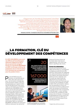 RAPPORT DÉVELOPPEMENT DURABLE 201312BOURBON
En 2013, BOURBON a poursuivi
ses efforts de formation pour
atteindre l’objectif de 100 %
de son personnel navigant
formé aux standards BOURBON
en 2015. Le Groupe continue de
progresser vers la mise en place
d’un standard de management
pour les postes à terre.
P
lus de 167 000 heures de
formation ont été délivrées en
2013, selon deux axes princi-
paux : les formations managériales
et les formations métiers, soit 67 %
d’augmentation par rapport à 2012.
Près de 40 000 heures sont consa-
crées aux formations aux standards
opérationnels. BOURBON assure
ainsi un service de haute qualité à
ses clients en garantissant la réussite
de leurs opérations grâce à des
équipages ﬁables. Cette population
a ainsi bénéﬁcié de formations aux
standards d’opération, notamment
au sein des BOURBON Training
Centers. En complément des heures
de formation liées aux standards
BOURBON, les ﬁliales ont continué de
mettre en place pour leur personnel
embarqué d’autres actions de
formation liées à des besoins
réglementaires, mais aussi à des
besoins spéciﬁques des clients.
Former les sédentaires
Concernant le personnel à terre,
l’effort de formation au management
stratégique et opérationnel a été
décliné en 2013 auprès de l’intégralité
des cadres des fonctions centrales et
des dirigeants des ﬁliales (directeurs
généraux et leurs adjoints), ainsi
qu’auprès des responsables de
département et managers de la
chaîne de satisfaction client pour qui
il continuera de se déployer en 2014
et 2015. Enﬁn les formations métiers,
pour les populations à terre, ont
concerné en priorité la professionnali-
sation des équipes de maintenance.
En matière de sécurité, le programme
« HSE Managers » a pour vocation
de renforcer les compétences HSE*
partout dans le Groupe. Un dispositif
de développement de ces ressources
a été mis en place en 2013 avec le
recrutement et la formation d’une
première promotion.
* Hygiène Sécurité Environnement
« Chaque mois, les “Journées du Commandant”, de la ﬁliale
Bourbon Offshore Surf, réunissent à Marseille des Commandants
déployés aux quatre coins de la planète, autour de thématiques
aussi variées que la sécurité, la ﬁnance, les opérations,
l’engagement ou les droits et devoirs du Commandant. L’objectif de
ces “Journées du Commandant” est de resserrer le lien entre les
navires et le siège, en communiquant des informations spéciﬁques
à nos officiers, mais aussi en améliorant leur connaissance
de l’organisation et des personnes. »
HEIMANU GATIEN, CHARGÉE DE RELÈVE DE BOURBON OFFSHORE SURF
LA FORMATION, CLÉ DU
DÉVELOPPEMENT DES COMPÉTENCES
20
MILLIONS D’EUROS SONT
INVESTIS CHAQUE ANNÉE
DANS L’AMÉLIORATION
DES COMPÉTENCES
167 000
HEURES DE FORMATION
PROFESSIONNELLE
DISPENSÉES EN 2013
Un officier en formation sur le simulateur
AHTS du BOURBON Training Center Asia.
 