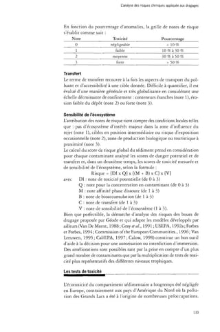 L'analyse des risques chimiques appliquée aux dragages 
En fonction du pourcentage d'anomalies, la grille de notes de risque 
s'établit comme suit : 
Note Toxicité Pourcentage 
0 
négligeable 
< 10% 
1 
faible 
10% à 3 0% 
2 
moyenne 
30% à 5 0% 
3 
forte 
> 5 0% 
Transfert 
Le terme de transfert recouvre à la fois les aspects de transport du pol­luant 
et d'accessibilité à une cible donnée. Difficile à quantifier, il est 
évalué d'une manière générale et très globalisante en considérant une 
échelle décroissante de confinement : conteneurs étanches (note 1), éro­sion 
faible du dépôt (note 2) ou forte (note 3). 
Sensibilité de l'écosystème 
L'attribution des notes de risque tient compte des conditions locales telles 
que : pas d'écosystème d'intérêt majeur dans la zone d'influence du 
rejet (note 1), cibles en position intermédiaire ou risque d'exposition 
occasionnelle (note 2), zone de production biologique ou touristique à 
proximité (note 3). 
Le calcul du score de risque global du sédiment prend en considération 
pour chaque contaminant analysé les scores de danger potentiel et de 
transfert et, dans un deuxième temps, les scores de toxicité mesurée et 
de sensibilité de l'écosystème, selon la formule : 
Risque = [DI x Q] x [(M + B) x C] x [V] 
avec DI : note de toxicité potentielle (de 0 à 3) 
Q : note pour la concentration en contaminant (de 0 à 3) 
M : note affinité phase dissoute (de 1 à 3) 
B : note de bioaccumulation (de 1 à 3) 
C : note de transfert (de 1 à 3) 
V : note de sensibilité de l'écosystème (1 à 3). 
Bien que perfectible, la démarche d'analyse des risques des boues de 
dragage proposée par Géode et qui adapte les modèles développés par 
ailleurs (Van De Meent, 1988; Gray étal., 1991;USEPA, 1992a; Forbes 
et Forbes, 1994 ; Commission of the European Communities., 1996 ; Van 
Leeuwen, 1995 ; Cal/EPA, 1997 ; Calow, 1998) constitue un bon outil 
d'aide à la décision pour une autorisation ou interdiction d'immersion. 
Des améliorations sont possibles tant par la prise en compte d'un plus 
grand nombre de contaminants que par la multiplication de tests de toxi­cité 
plus représentatifs des différents niveaux trophiques. 
Les tests de toxicité 
L'écotoxicité du compartiment sédimentaire a longtemps été négligée 
en Europe, contrairement aux pays d'Amérique du Nord où la pollu­tion 
des Grands Lacs a été à l'origine de nombreuses préoccupations. 
133 
 