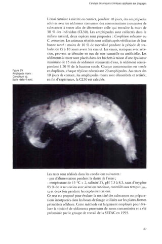 L'analyse des risques chimiques appliquée aux dragages 
L'essai consiste à mettre en contact, pendant 10 jours, des amphipodes 
adultes avec un sédiment contenant des concentrations croissantes de 
substances à tester afin de déterminer celle qui entraîne la mort de 
50 % des individus (CL50). Les amphipodes sont collectés dans le 
milieu naturel, deux espèces sont proposées : Corophium volutator ou 
C. arenarium. Les animaux récoltés sont utilisés après vérification de leur 
bonne santé : moins de 10 % de mortalité pendant la période de sta-bulation 
(5 à 10 jours avant les essais). Les essais, statiques avec aéra­tion, 
peuvent se dérouler en eau de mer naturelle ou artificielle. Les 
sédiments à tester sont placés dans des béchers à raison d'une épaisseur 
minimale de 15 mm de sédiment recouverts d'eau, le sédiment corres­pondant 
à 20 % de la hauteur totale. Chaque concentration est testée 
Figure 19 en duplicata, chaque réplicat nécessitant 20 amphipodes. Au cours des 
Amphipode marin : 1 ^ • J i i • i i - i - 
CoroDhium SD jours de contact, les amphipodes morts sont dénombres et retires ; 
(taille réelle 4 mm). en fin d'expérience, la CL50 est calculée. 
Les tests sont réalisés dans les conditions suivantes : 
- pas d'alimentation pendant la durée de l'essai ; 
- température de 15 °C + 2, salinité 25, pH 7,5 à 8,5, taux d'oxygène 
85 % de la saturation avec aération continue, contrôlés aux temps t_24h, 
to et deux fois pendant les expérimentations. 
Ce test est proposé pour évaluer la toxicité des substances ou prépara­tions 
incorporées dans les boues de forage utilisées sur les plates-formes 
pétrolières offshore. Cette méthode est largement employée pour éva­luer 
la toxicité de sédiments provenant de zones contaminées et a été 
préconisée par le groupe de travail de la SETAC en 1993. 
137 
 
