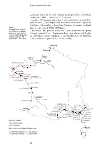 Dragages et environnement marin 
Figure 5 
Implantation sur le littoral 
des différents ports (ports 
autonomes, ports d'intérêt 
national et ports de plaisan­ce 
dont la capacité est 
supérieure à 1000 places). 
Ainsi, sur 465 abris ou ports recensés toutes spécificités confondues 
(Anonyme, 1998), la répartition est la suivante : 
- Manche : 107 ports ou abris, dont 3 ports autonomes, 6 ports d'in­térêt 
national, 6 ports de plaisance d'une capacité d'accueil de plus de 
1 000 places (Saint-Malo et Saint-Quay-Portrieux n'excèdent pas 1 600 
places) et 10 ports de 500 à 1 000 places ; 
- Atlantique : 181 ports ou abris, dont 2 ports autonomes et 5 ports 
d'intérêt national, 9 ports de plaisance d'une capacité d'accueil de plus 
de 1 000 places (le plus important, le port des Minimes à La Rochelle, 
3 300 places) et 14 ports de 500 à 1 000 places ; 
DUNKERQUE 
Calais 1 
Boulogne 
Cherbourg 
Saint-Quay-Portneux 
VC^gBrest 
Concarneau 
Saint-Malo 
A'^jpLorient 
Port-ia-Forêt ^â 
La Tnmté-sur-Mer n, 
Porrtichet-La Baule ' 
LE HAVRE 
Caen" Deauvii'e 
Granville 
Le Crouesty 
NANTES/Saint-Nazaire 
•» • Les Sables-d'Olonne 
. ... . °*i«La Pallice 
Port des Minimes - r * 
Royan • 
Port d'Arcacbon • 
lots,  J 
PORTS AUTONOMES 
Ports d'intérêt national 
Ports de plaisance 
Source : Livre de bord/Bloc Marine, 34e édition (1998). 
Les côtes représentées en rouge sont rocheuses 
Les côtes représentées en sont meubles 
Port-Camargue 
La Grande-Motte 
Patavas4es-FMs 
Sète 
Cap d'Agde 
Le Frioiil 
Pointe-Rouge 
Saint-Cyprien 6 a n d o ' 
Cannes-Marina 
L'Estaque 
MARSEILLE 
Toulon 
Port-la-Nouvelle -# 
Port-Leucafe - * 
Saint-Laurent-du- 
Var 
Antibes 
Golfe-Juan 
Santa Lucia 
Port-Gnmaud 
Port-Cogolin 
Cavalaire 
à 
Ajaccio 
Bastia 
28 
 