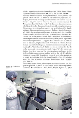 Contamination chimique des sédiments 
matière organique consomme les oxydants dans l'ordre des enthalpies 
libres de réactions décroissantes : O2, NO3, Mn, Fe, SO4, CH2O. 
Dans les sédiments côtiers, le comportement du nickel présente une 
grande variabilité liée à la diversité des conditions physiques, chi­miques, 
dynamiques et biologiques rencontrées dans les eaux peu pro­fondes. 
Ainsi, dans les eaux interstitielles des sédiments anoxiques de 
Naragansett Bay, Elderfied et al. (1981) observent des concentrations 
très faibles de nickel dissous qu'ils attribuent à la précipitation de cet 
élément sous forme de sulfure : dans ce cas, le nickel est piégé dans le 
sédiment. Dans des sédiments anoxiques du Puget Sound (Emerson et 
al., 1984), les eaux interstitielles sont fortement enrichies en nickel 
dissous dans les premiers centimètres et ces sédiments se comportent 
comme une source pour la colonne d'eau. Les auteurs attribuent l'ab­sence 
de précipitation du nickel à la bioirrigation par les organismes 
fouisseurs qui permettrait à l'oxygène de la colonne d'eau de pénétrer 
dans le sédiment, empêchant ainsi la formation de sulfures. Par des 
mesures sous cloche benthique au-dessus de sédiments anoxiques de Gull-marsfjorden, 
Westerlund et al. (1986) ont mis en évidence des flux de 
nickel importants vers la colonne d'eau (12 ug.m .j"1). Les écarts entre 
les flux observés et ceux que l'on peut calculer en appliquant les lois 
de la diffusion montrent que ces flux seraient dus à la dégradation 
d'une fraction oxydable du sédiment à laquelle le nickel serait associé, 
et non à la dissolution de la fraction réductible. Cette dégradation 
aurait lieu dans le premier millimètre du sédiment, là où l'oxygène 
peut pénétrer. 
Dans les sédiments côtiers présentant un caractère oxique sur une plus 
grande épaisseur, la remise en solution du nickel semble également 
intervenir. Au débouché du Grand Rhône, Huynh-Ngoc et al. (1989) 
83 
 